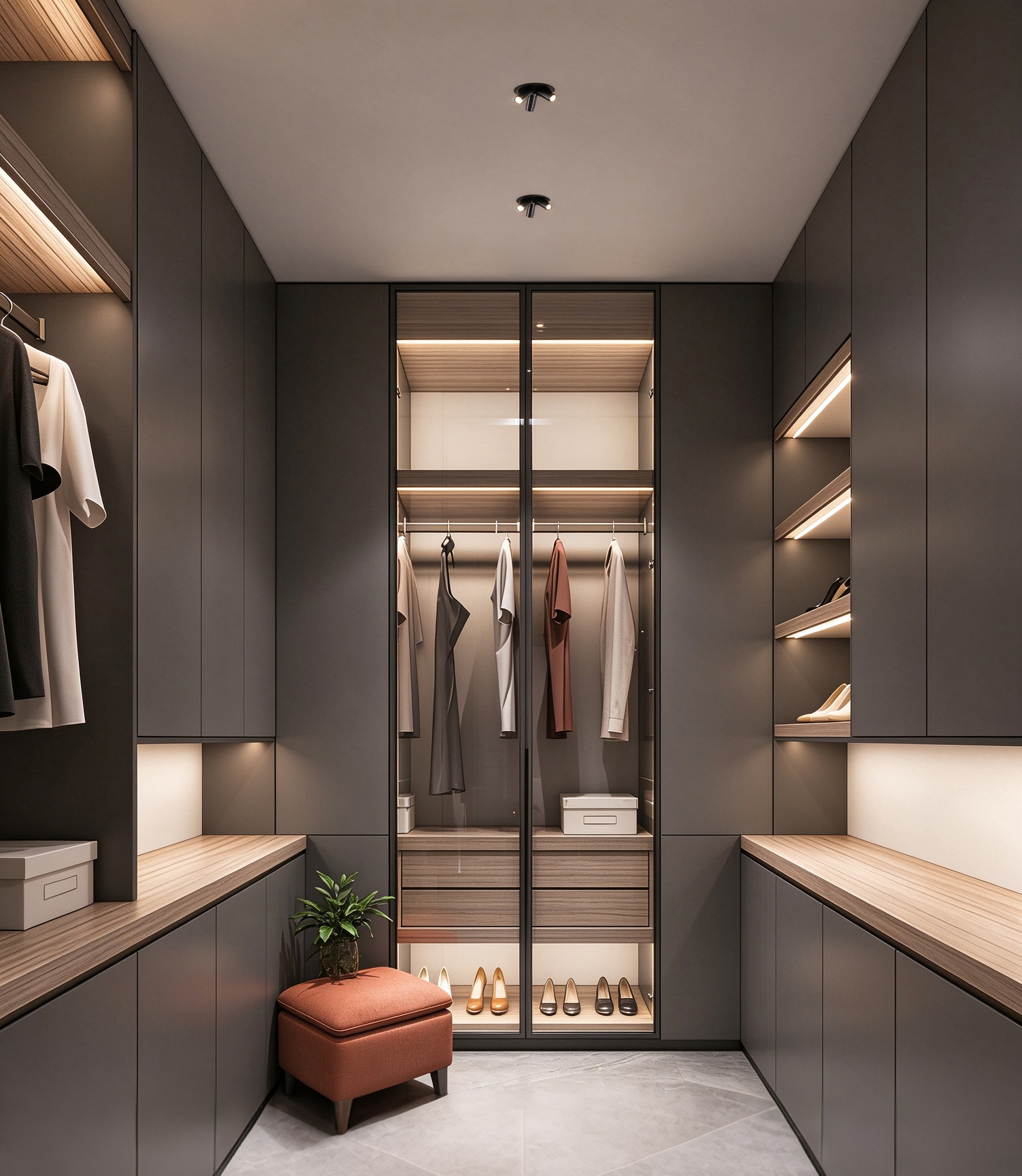 Multi head adjustable recessed led spotlight installed in walk-in closet, villa interior accent lighting Vícehlavý nastavitelný zapuštěný LED reflektor instalovaný v šatně, zvýrazňující osvětlení interiéru vily