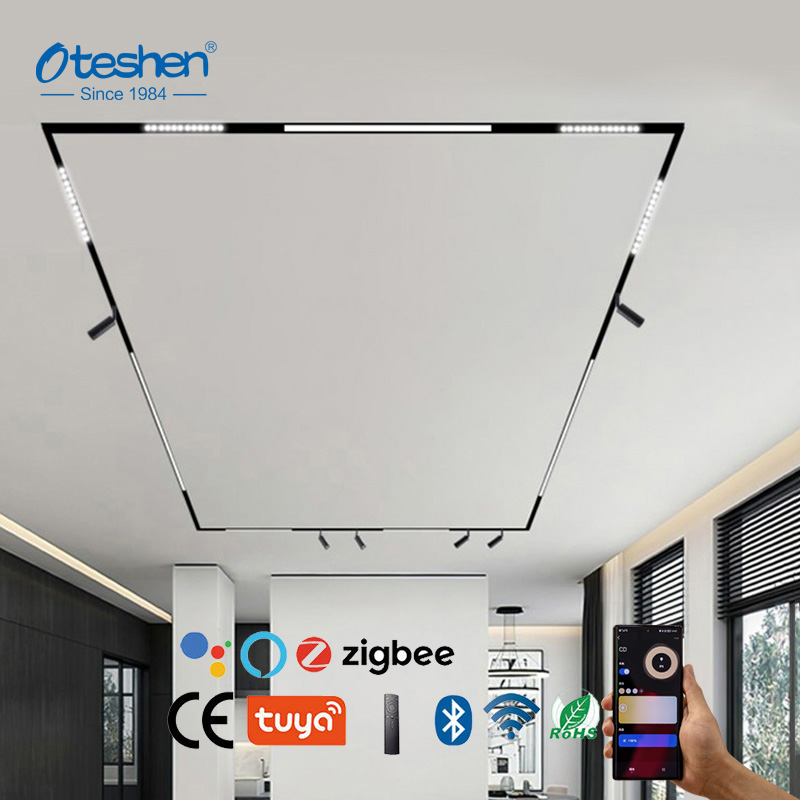 Dimmable magnetic track grille light with Tuya WiFi control in modern home Dimmable magnetic track grille light with Tuya WiFi control in modern home