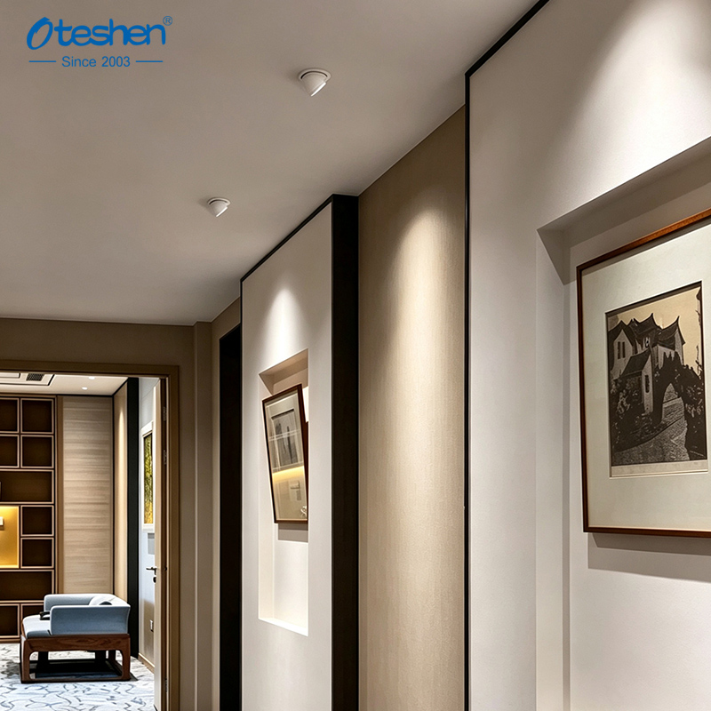 Alt: Adjustable recessed LED downlight application in modern interior accent lighting Alt: Adjustable recessed LED downlight application in modern interior accent lighting