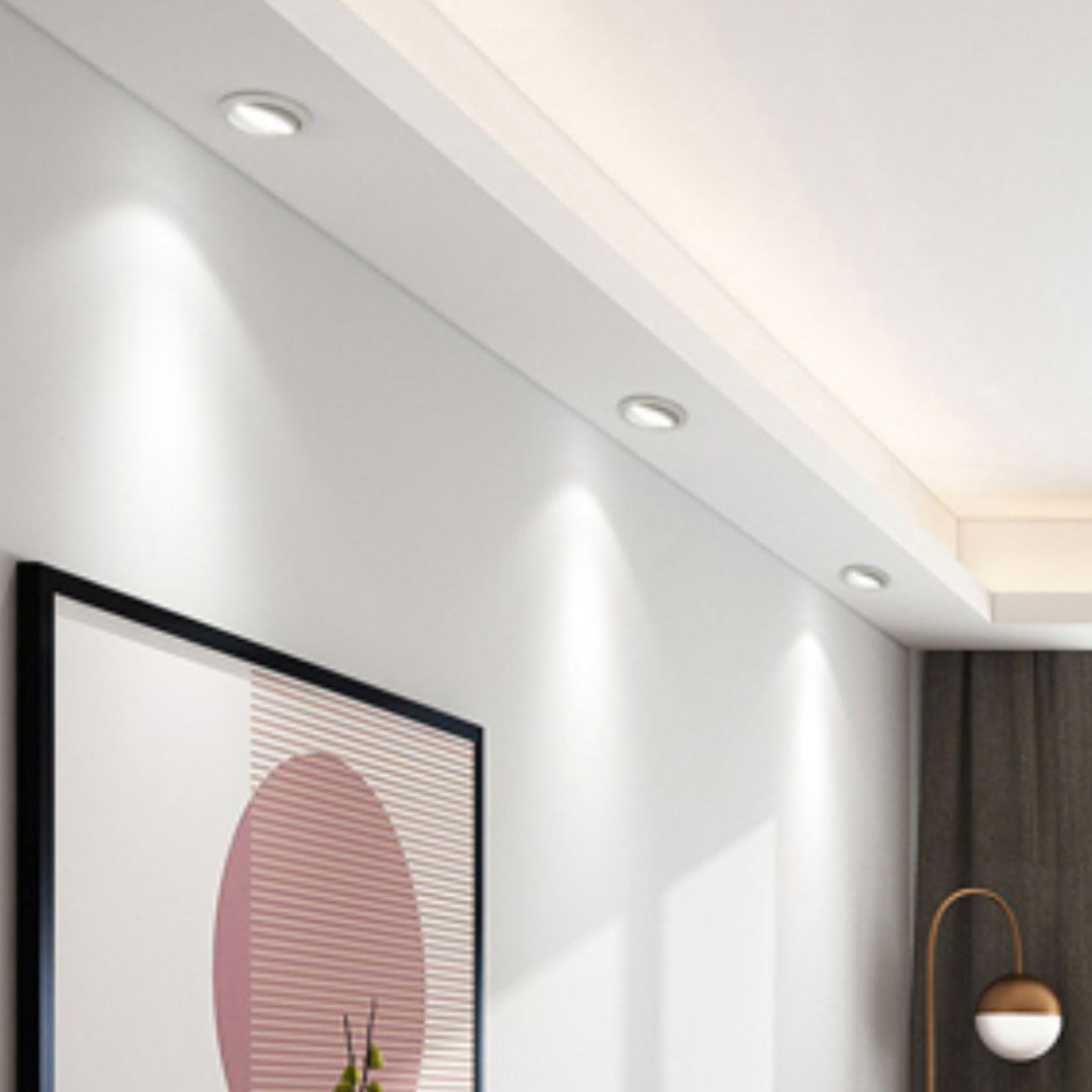 3CCT LED recessed downlight application, modern interior ceiling accent lighting for living room Application de downlight encastré LED 3CCT, éclairage d'accentuation de plafond intérieur moderne pour le salon