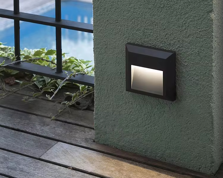 2 shapes PC recessed LED step light, round LBD1612-2X & square LBD1812-2X, 2W 100lm 55&deg; beam angle, IP65 waterproof, black white, depth 27mm, 2-year warranty stair corridor lighting