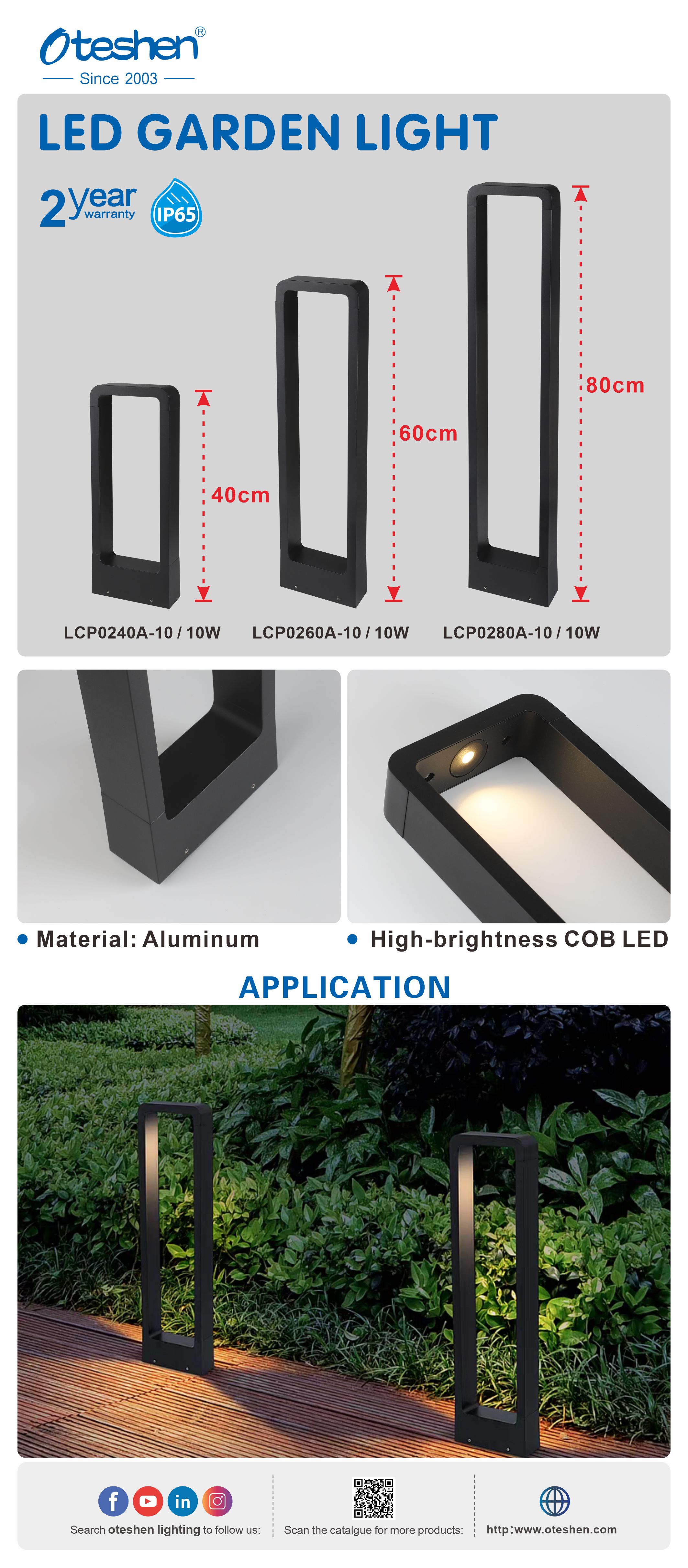 Oteshen LCP0240A LCP0260A LCP0280A 10W IP65 hollow frame LED garden bollard light, cob aluminum outdoor landscape post lamp in 40/60/80cm heights for villa courtyard walkway lighting