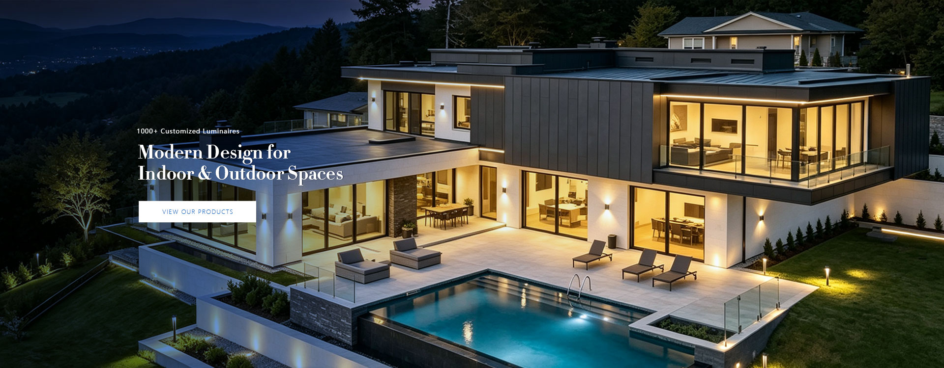 Modern luxury villa with complete indoor and outdoor LED lighting, landscape illumination for B2B wholesale supplier