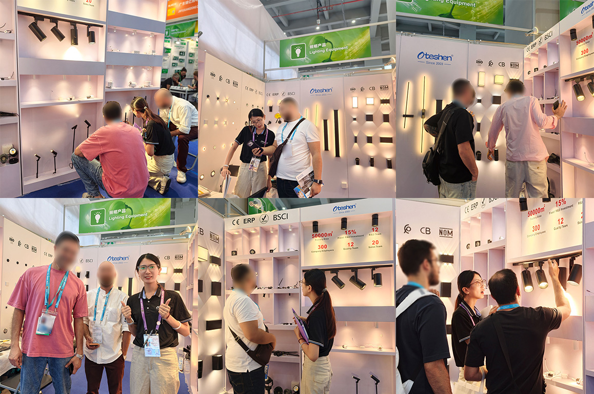 Global wholesale buyers examine OTESHEN LED lighting samples at 140th Canton Fair booth G14