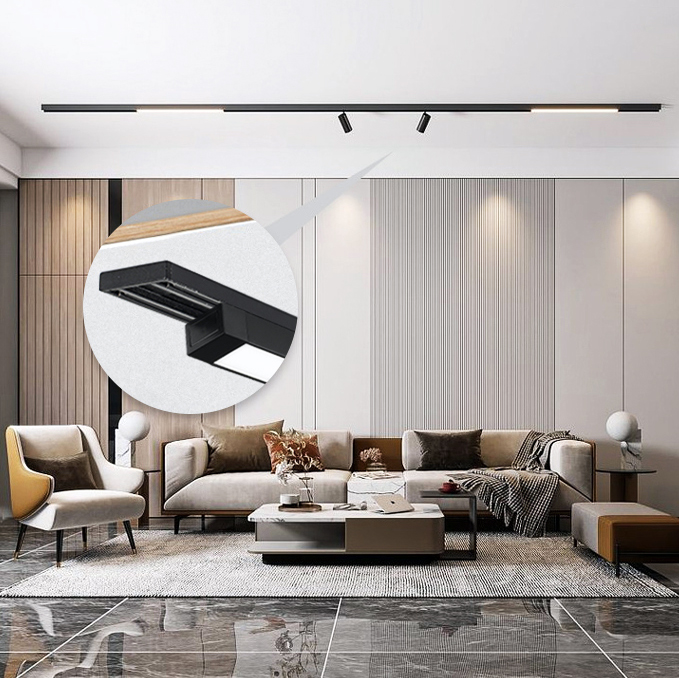 Magnetic LED track light installed in modern living room ceiling interior