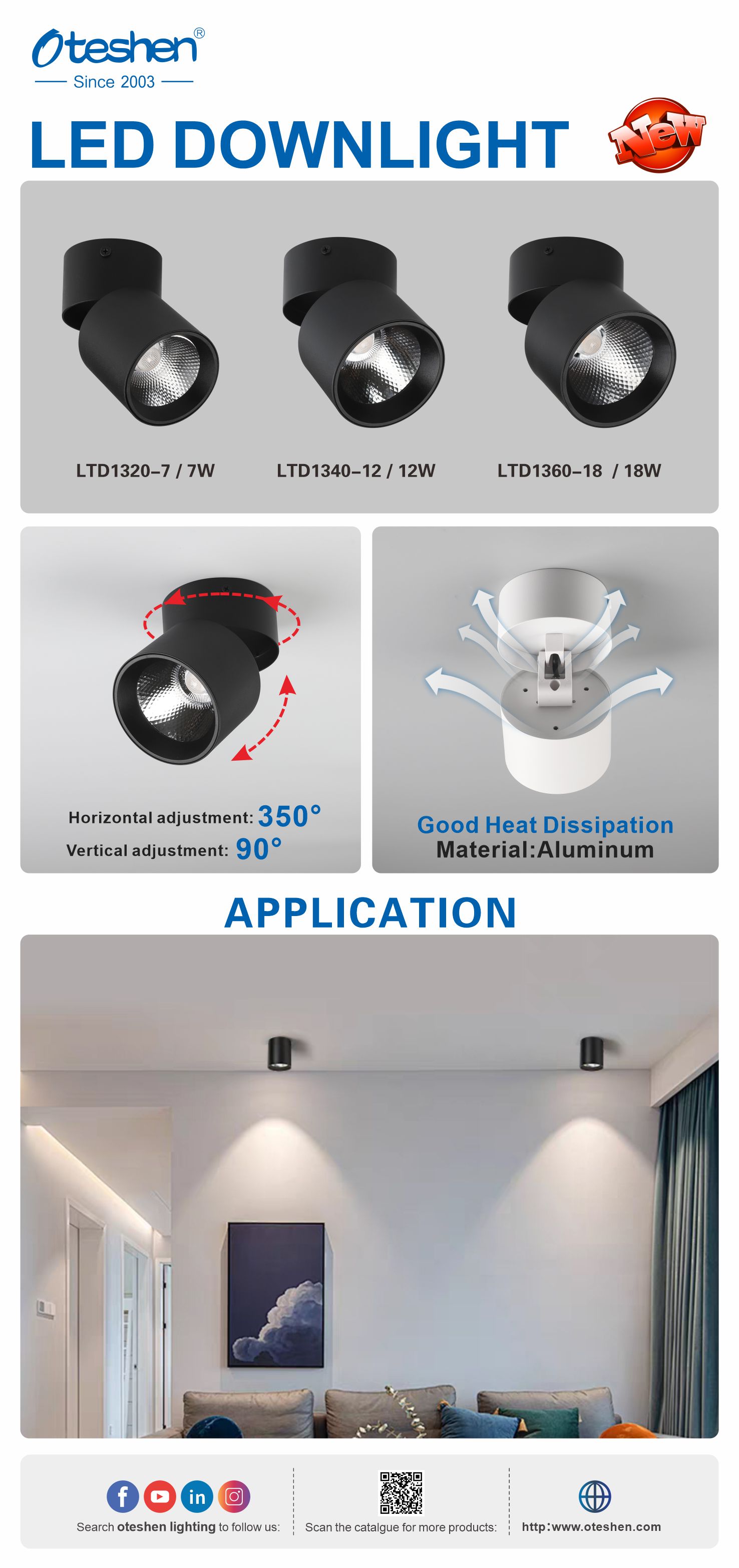 Oteshen new surface mount rotatable LED downlight LTD1320-7/LTD1340-12/LTD1360-18, 350&deg; horizontal & 90&deg; vertical adjustable, aluminum heat dissipation, black white housing for home commercial indoor lighting