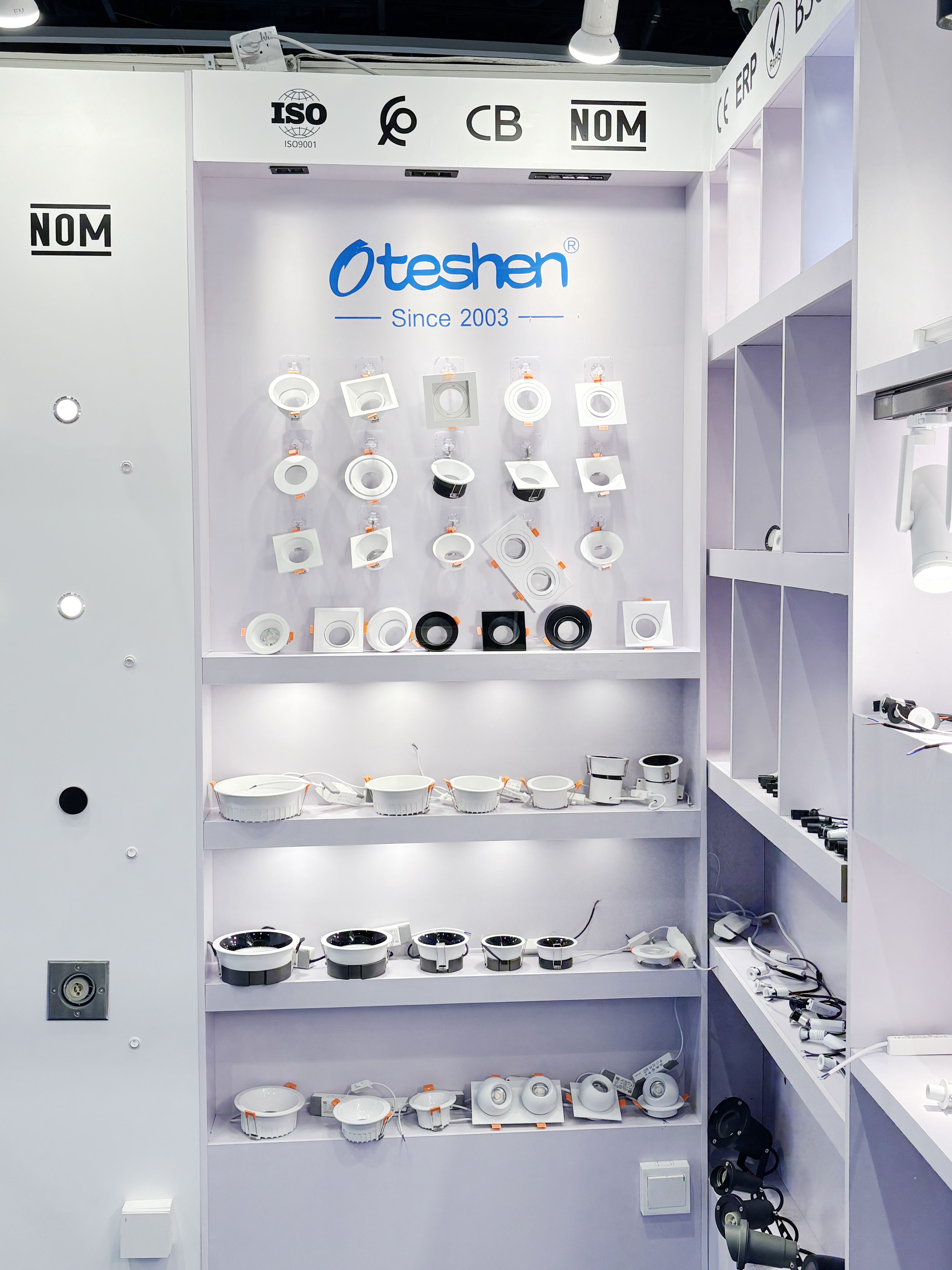 OTESHEN LED downlight display wall, recessed ceiling downlights and GU10 housing samples at Hong Kong Lighting Fair