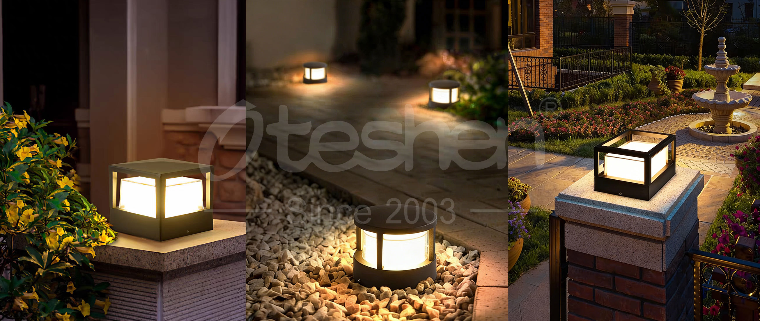 Oteshen dual mount IP65 outdoor LED wall light ground placed on garden stone plinth as low bollard landscape lighting