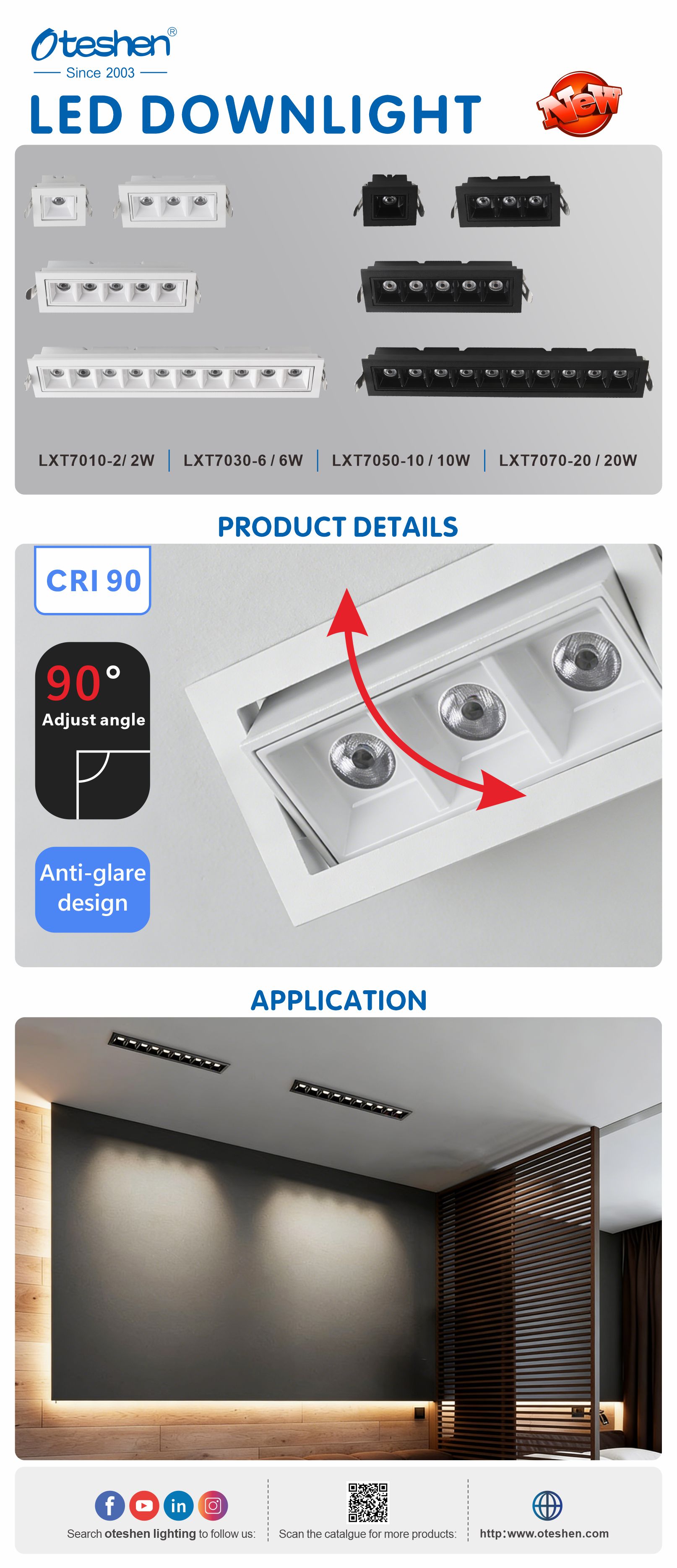 Oteshen LXT70 series adjustable anti-glare linear recessed LED grille downlight, CRI90 dhuwur CRI, 90 &deg; rotatable head lamp, 2W 6W 10W 20W multi-head langit-langit sorotan aluminium ireng putih kanggo omah hotel toko toko cahya