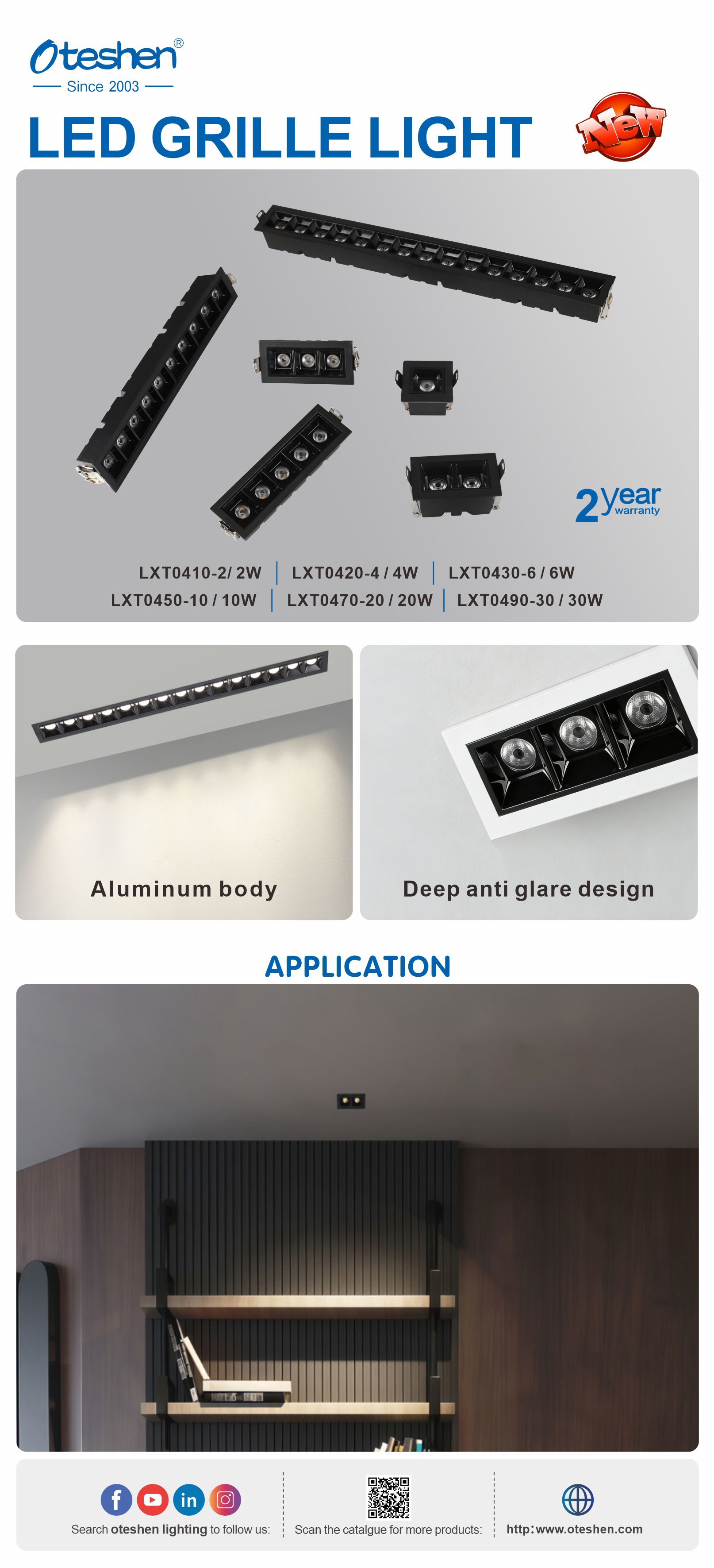 Oteshen LXT0420-4 4W kepala ganda dalam anti-silau lampu grille LED tersembunyi, lampu sorot langit-langit tertanam aluminium hitam dengan klip musim semi ganda untuk pencahayaan rak butik lorong rumah