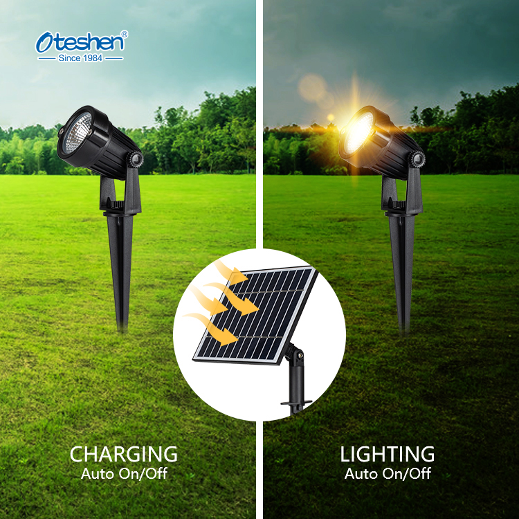 Oteshen SL1925 series separated solar panel LED spike garden light, 1~4 heads optional IP65 waterproof outdoor lawn landscape spotlight with 4m long cable and ABS housing