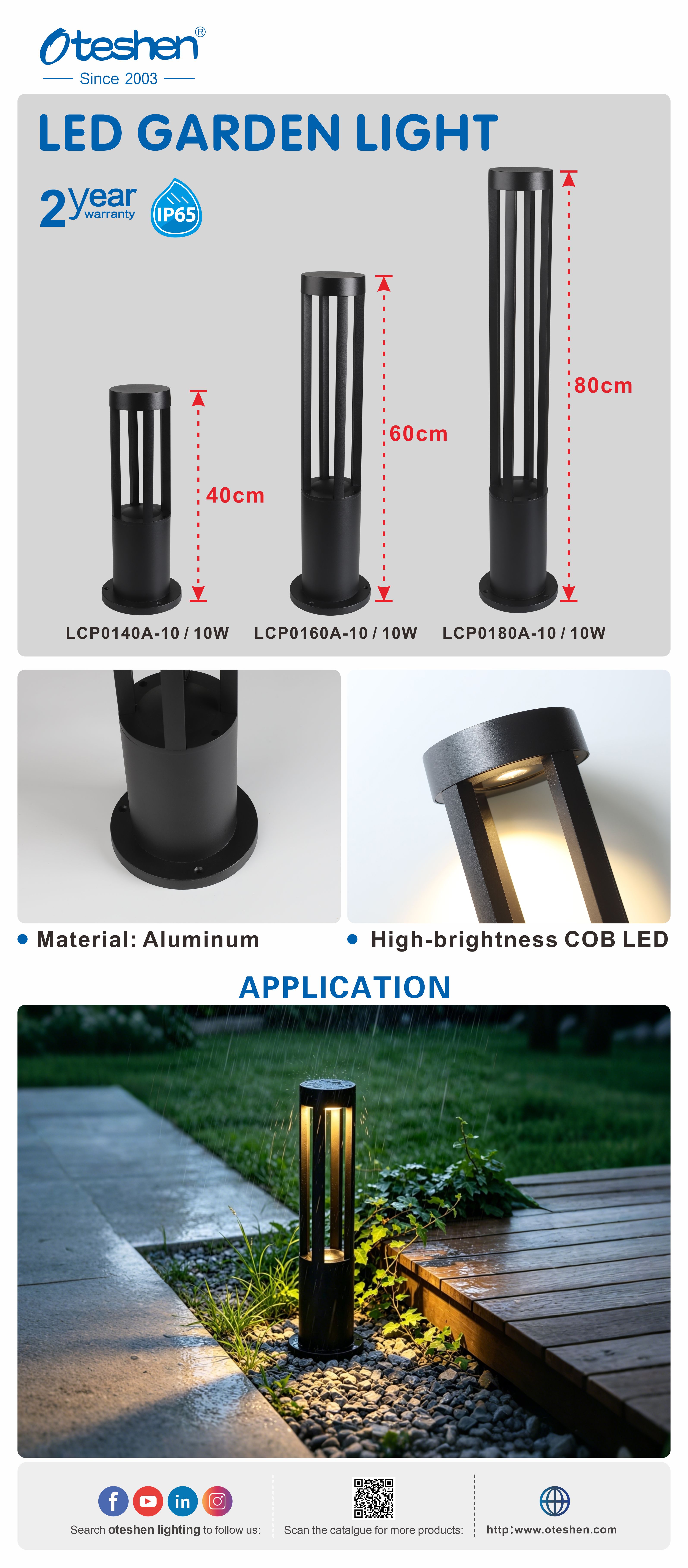 Oteshen LCP0140A LCP0160A LCP0180A 10W IP65 slatted hollow LED garden bollard light, cob aluminum outdoor landscape post lamp with 40/60/80cm heights for villa courtyard walkway lighting