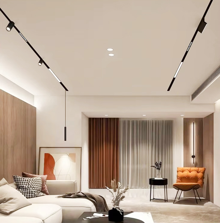 Magnetic LED track lighting in modern dining room interior design