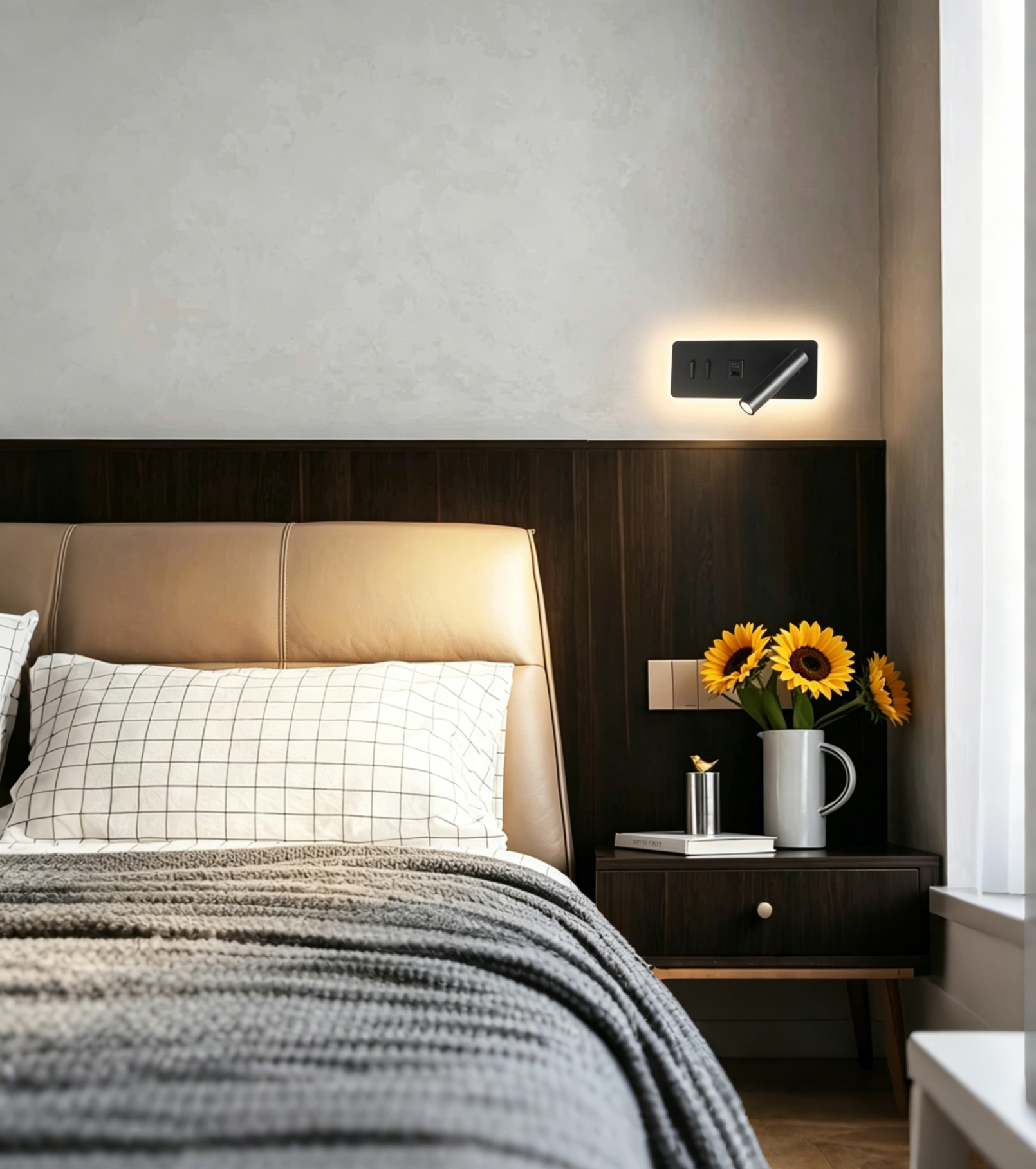 Oteshen LBD6820CD-9 dual light LED bedside reading wall light with USB Type-C 5V2A charging port, 350&deg; 90&deg; rotatable spotlight, two independent switches, black white aluminum wall sconce for hotel homestay bedroom lighting