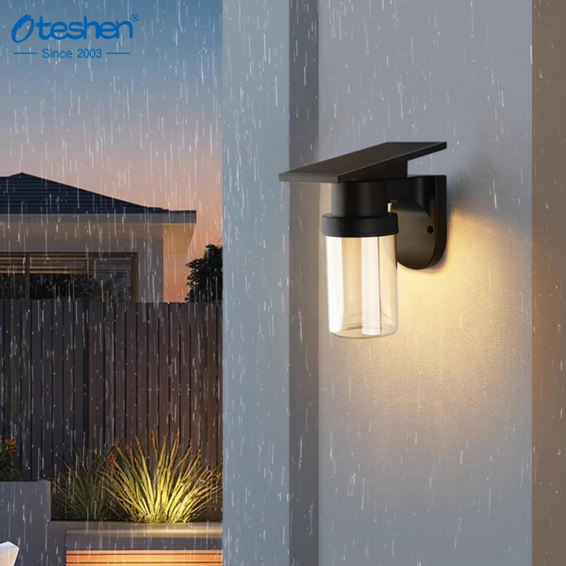 Oteshen SL1932ET cylindrical LED solar wall light, 0.9W amber transparent lampshade IP54 waterproof outdoor garden wall lamp with remote control and 1800mAh battery