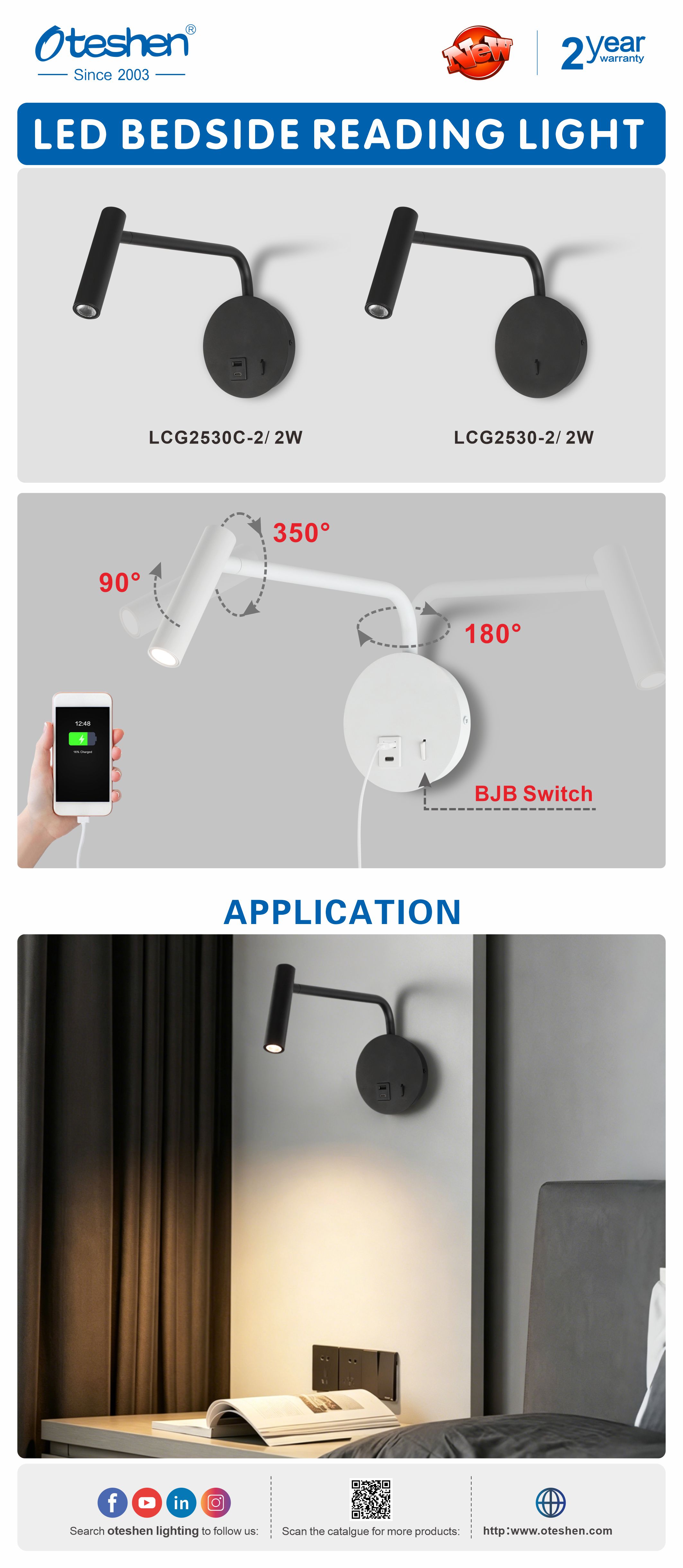 Oteshen LCG2530C-2 LED bedside reading wall light, multi-angle adjustable wall sconce with built-in USB charging port, 2W aluminum lamp in black & white, 350&deg;/180&deg;/90&deg; rotation, 2-year warranty for hotel bedroom lighting
