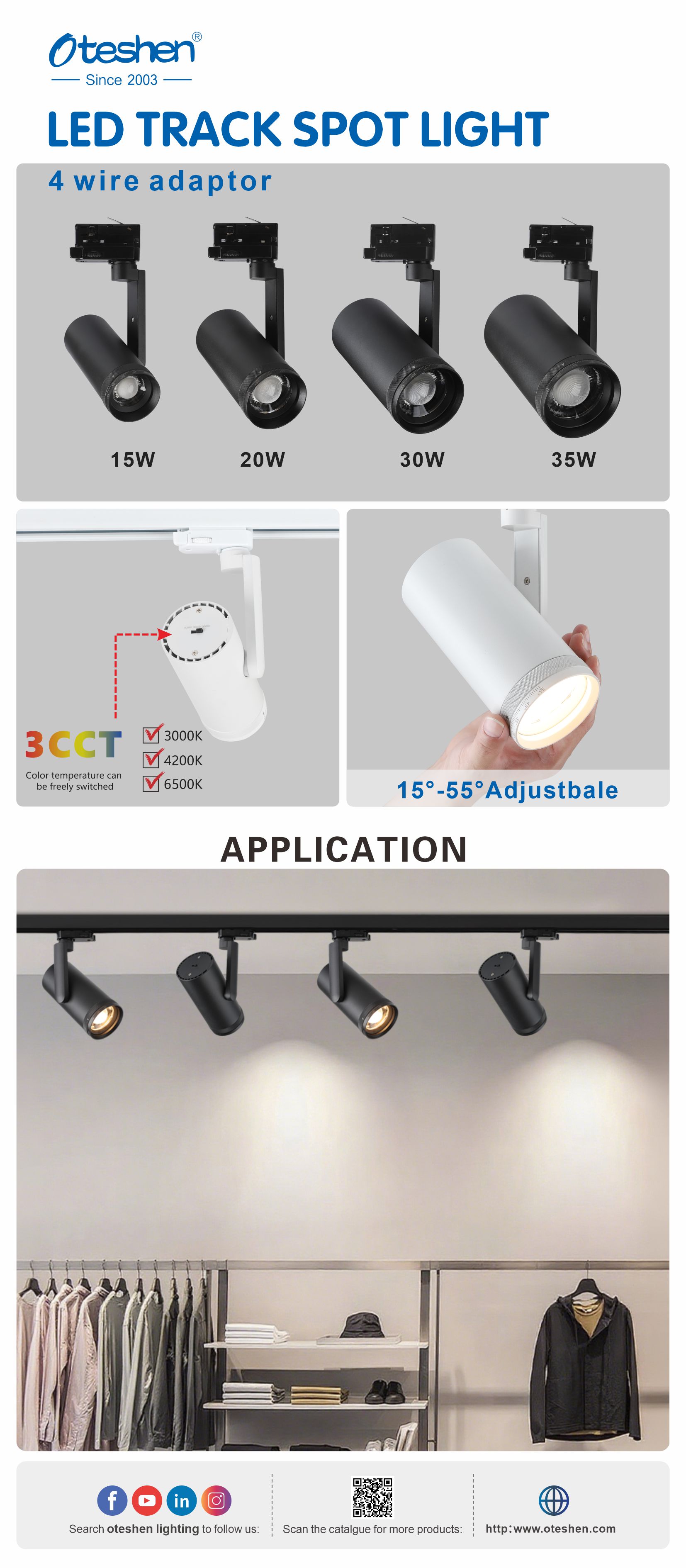 Oteshen 4 wire LED track spotlight, 15W 20W 30W 35W zoomable track light with 3CCT switchable, 15&deg;-55&deg; adjustable beam angle, black white aluminum housing for clothing retail shop display lighting