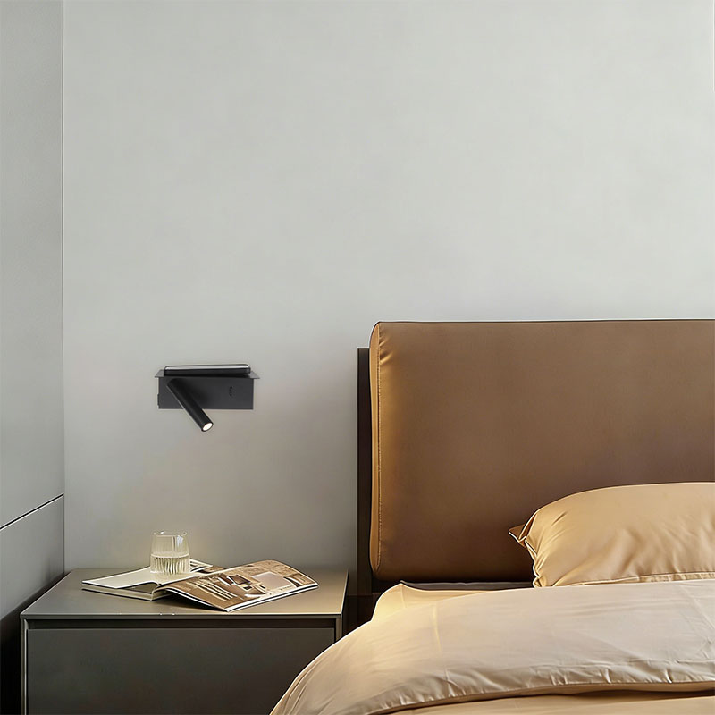 Oteshen LBD3920C-2 LED bedside reading wall light with storage shelf, USB Type-C dual charging port, single switch, 2W aluminum wall sconce black white for hotel homestay small bedroom lighting